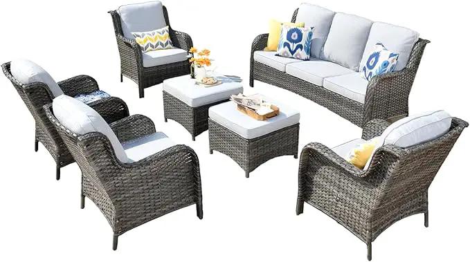 ovios 7 Pieces Patio Furniture Set, Outdoor Wicker Sofas with 4 Chairs, Ottomans and Comfy Cushions, All Weather High Back Couch Set for Deck Porch, Grey Rattan, Grey by GreenHaven Gardens