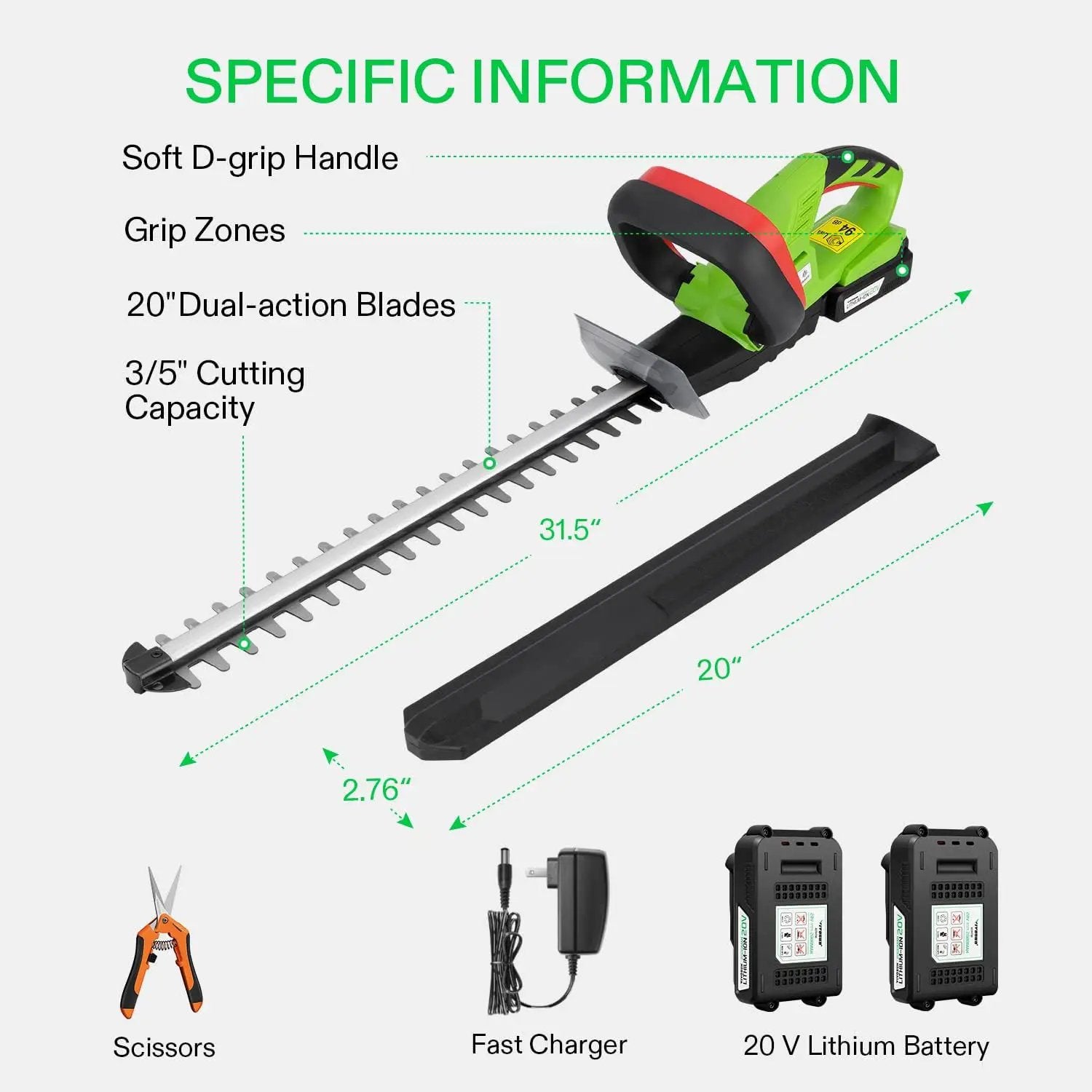 VIVOSUN 20" Cordless Hedge Trimmer, 20V Electric Bush Trimmer, 1400 RPM Shrub Trimmer, Dual-Action Laser Blade, 3/5" Cutting Capacity, Lightweight & Compact, 2Pcs Batteries and Fast Charger Included by GreenHaven Gardens
