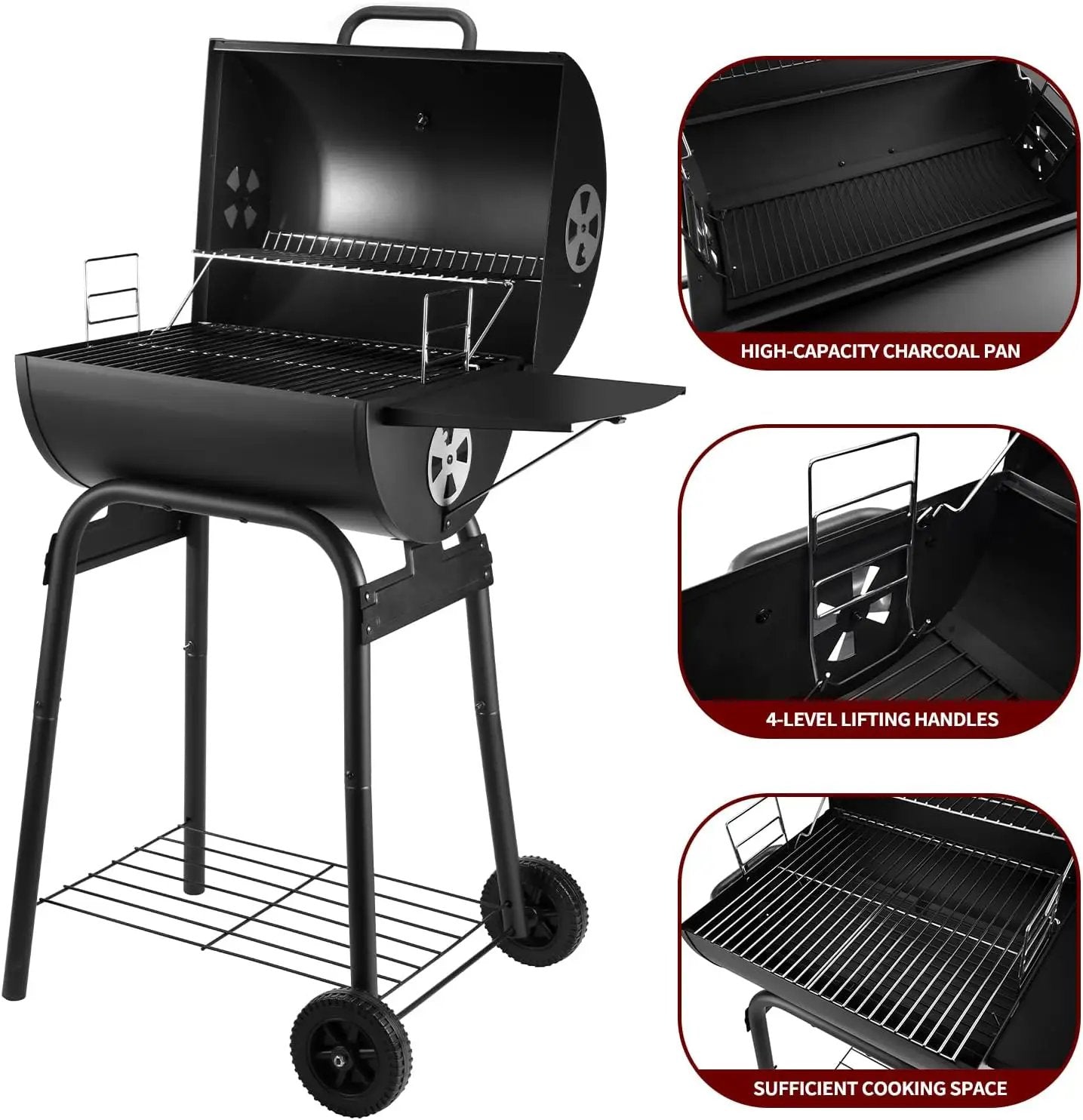 Charcoal Grill Outdoor BBQ Grill, Barrel Charcoal Grills with Side Table, with Nearly 500 Sq.In. Cooking Grid Area, Outdoor Backyard Camping Picnics, Patio and Parties, Black by GreenHaven Gardens