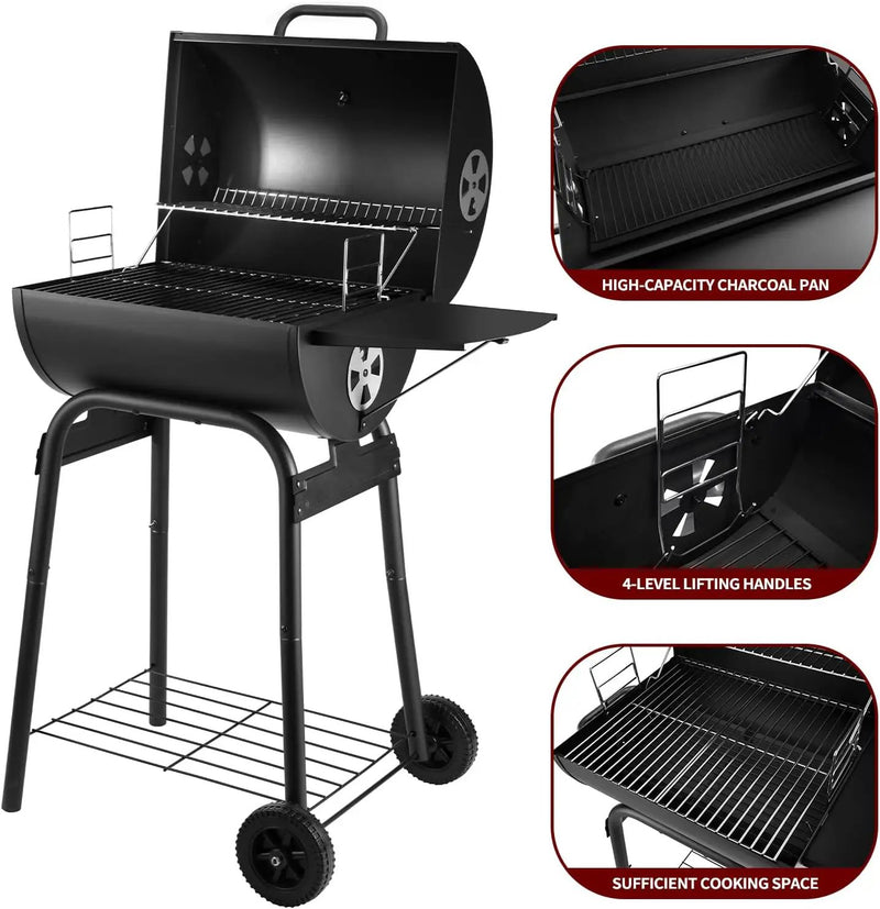 Charcoal Grill Outdoor BBQ Grill, Barrel Charcoal Grills with Side Table, with Nearly 500 Sq.In. Cooking Grid Area, Outdoor Backyard Camping Picnics, Patio and Parties, Black by GreenHaven Gardens