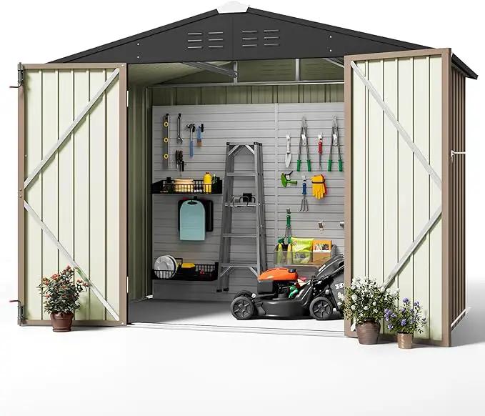 Greesum Outdoor Storage Shed 6 x 8 ft. Utility Tool Shed Metal Storage Garden Shed with Door & Lock for Patio Storage, Brown by GreenHaven Gardens