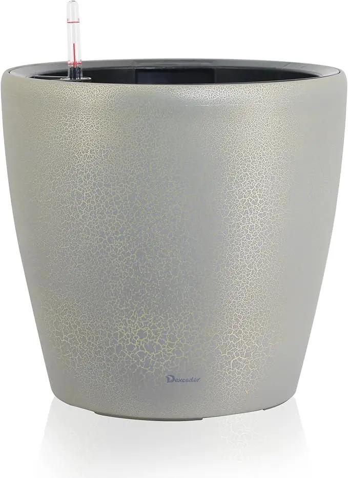 Dexceder 15x14 Self Watering Planter with Wheels Indoor Outdoor, Inner Pot Design, Thickened Large Floor Standing Flower Plant Pot with Water Level Indicator (Grey Gold Crackle) by GreenHaven Gardens