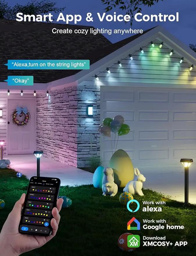 XMCOSY+ 48FT Smart Outdoor String Lights - RGBCWIC Dimmable Acrylic Bulbs, Color Changing LED Patio Lights APP WiFi Control, Compatible with Alexa, IP65 Waterproof Outside Lights for Yard Porch by GreenHaven Gardens