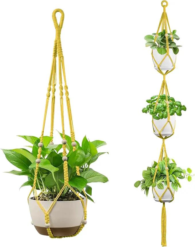 USLAI Macrame Plant Hanger Indoor Outdoor, Up to 4-15 inch Pot, Heavy 20lb Planters, Extra Long Strong Hanging Planter Basket Holder, Boho Home Decor, 35+72 Inch, Yellow (POTS NOT Included) by GreenHaven Gardens