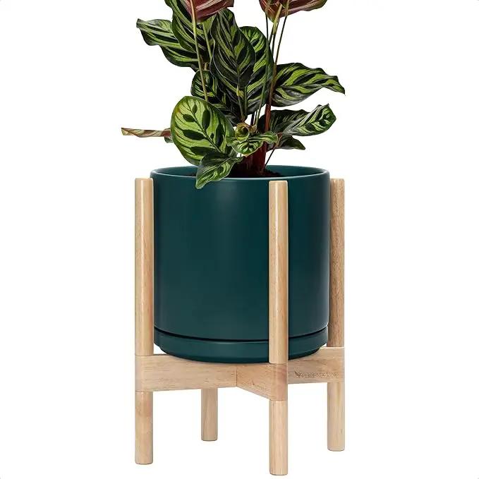 D'vine Dev Ceramic Planter with Natural Stand - 10 Inch Modern Round Flower Pot with Wood Planter Holder, Teal, 55-B-K-4 by GreenHaven Gardens
