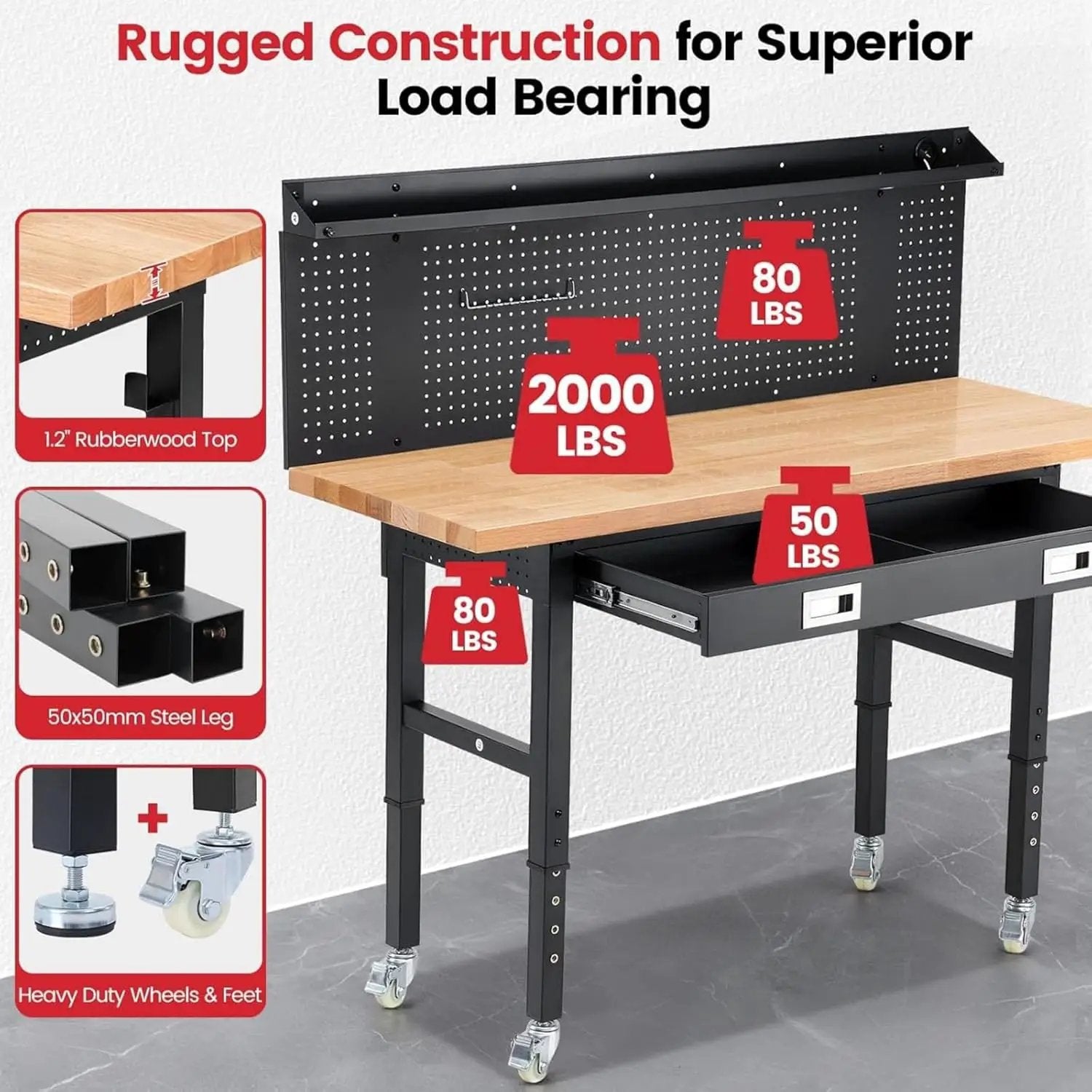 Workbench with Wheels 60 x 22 Inch Adjustable Height Work Table for Garage Heavy Duty Rubberwood Tabletop Work Bench with LED, Drawers, Pegboard, Power Outlets for Office Home Commercial by GreenHaven Gardens