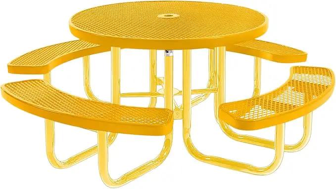 Heavy-Duty Portable Outdoor Picnic Table with Umbrella Hole, Expanded Metal Commercial-Grade Patio Furniture Made in America (46" Round Top, Yellow with Yellow Frames) by GreenHaven Gardens
