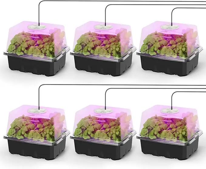 MIXC 6-Pack Seed Starter Tray Kit with Plant Light Seedling Trays with Adjustable Humidity Domes & Clear Cell Trays 12 Full Spectrum LED Beads for Indoor Plant Growth(Black) by GreenHaven Gardens