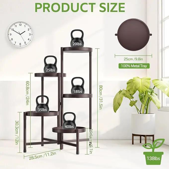 iDavosic.ly 5 Tier Large Plant Stand Indoor, 10 Inch Wide Tall Corner Metal Plant Stands Outdoor for Multiple Plants, Folding Tiered Flower Display Holder Rack Shelf, Violet Bronze by GreenHaven Gardens