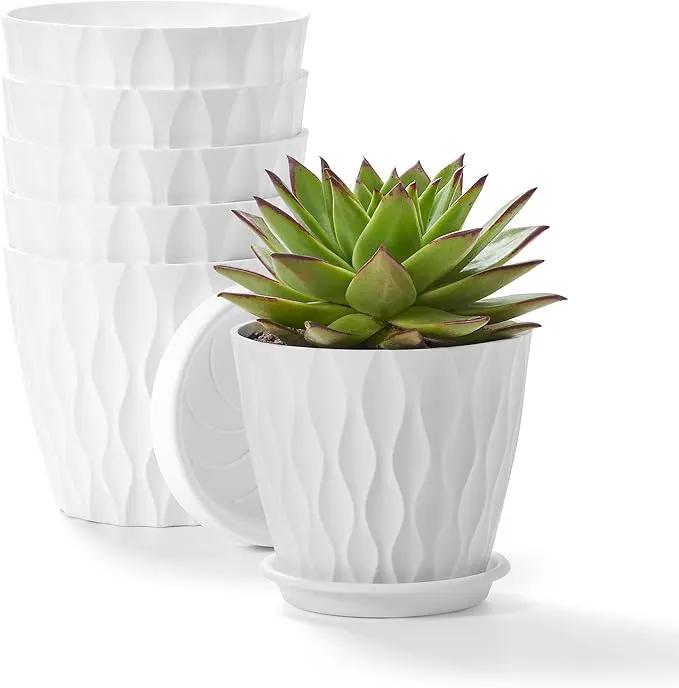 FaithLand 6-Pack 6-Inch Plastic Plant Pots with Saucers | Thickened PP Material, Modern Wave Texture, Enhanced Drainage for Indoor/Outdoor Garden Plants | White Value Set by GreenHaven Gardens