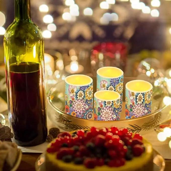 Flameless LED Candles Electric Candles with Remote Timer Control Long Lasting Pillar Candles Tealights Bohemian Style Home Outdoor Decoration Pack of 4, Boho Flower Purple Blue by GreenHaven Gardens