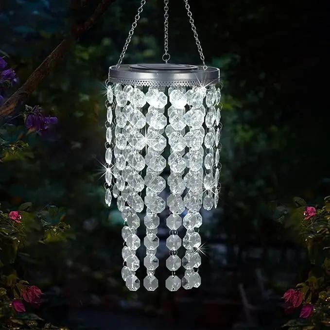 Hanging Solar Crystal Chandelier Outdoor, 21” Modern Solar Transparent Acrylic Beaded Lantern with Cool White LED S Hooks for Garden Yard Patio Gazebo Outside Decor by GreenHaven Gardens