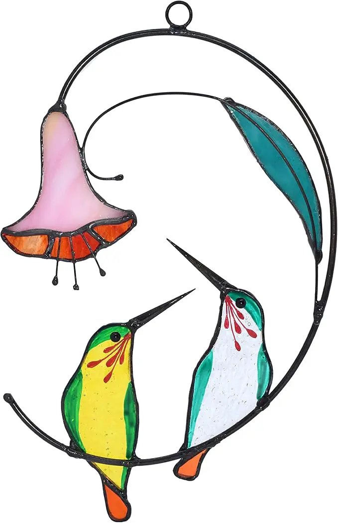 Lolitarcrafts Hummingbird with Flower Stained Glass Suncatcher Bird Stained Glass Window Hangings Hummingbird Gift for Home Decor (Green 1 Pair) by GreenHaven Gardens