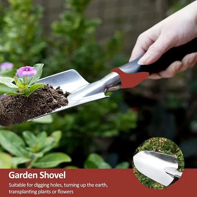 Garden Tool Set, 3 Piece Gardening Tools Includes Garden Trowel, Transplant Trowel and Hand Rake with Non-Slip Ergonomic Handle, Heavy Duty Garden Kit for Planting, Garden Gifts Red by GreenHaven Gardens