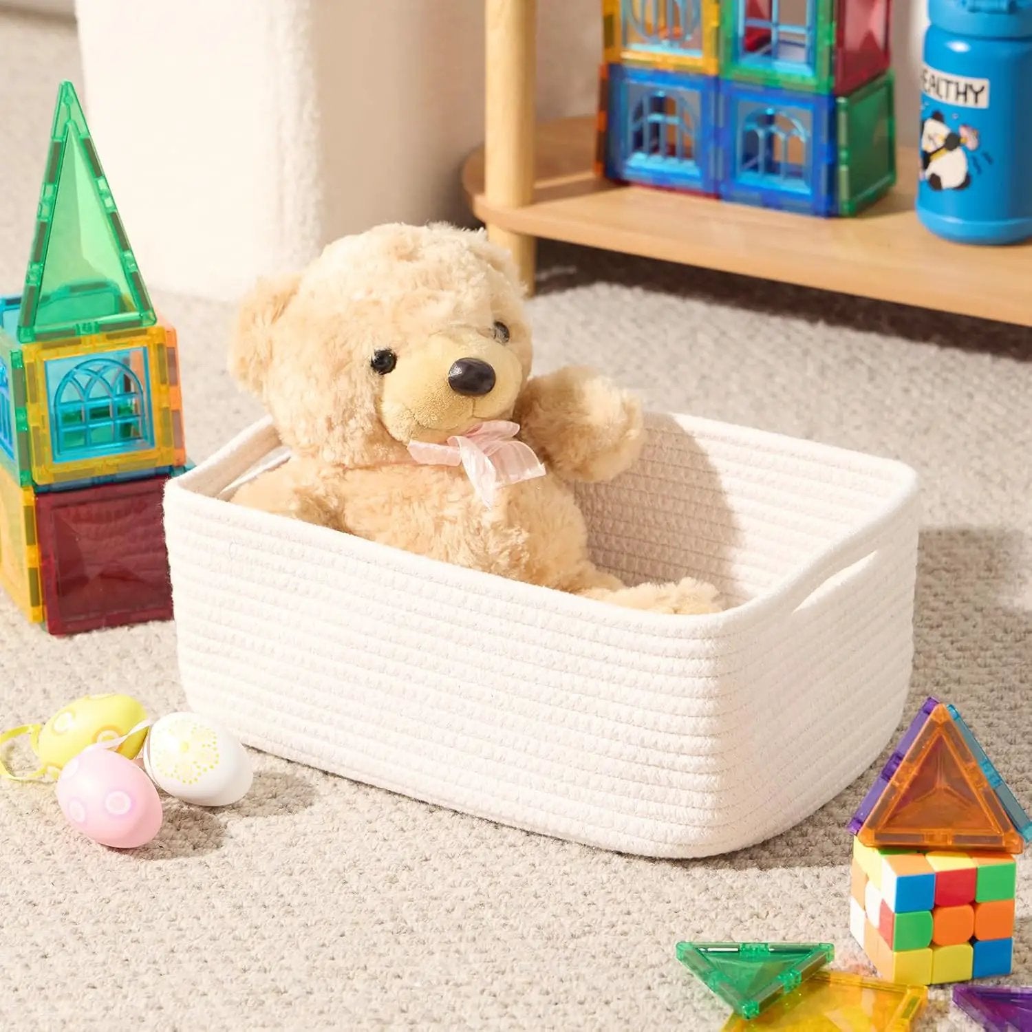 Small Storage Baskets for Organizing | Closet Organizer Bins | Shelf Toy Basket | Woven Rope Baskets | Cube Decorative Box | Shallow Basket | 13x8.5x5.1” | 3 Packs Off White by GreenHaven Gardens