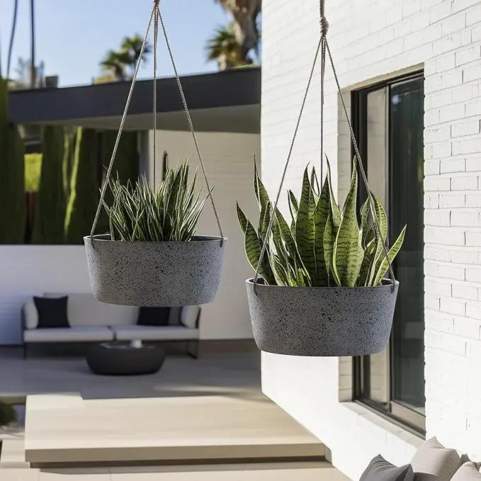 La Jolie Maison Large Hanging Planters - 12 Inch Outdoor Flower Pots, Rock Gray Hanging Garden Planters Set of 2 by GreenHaven Gardens