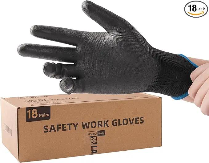 LANON Safety Work Gloves for Men and Women, 18 Pairs Mechanic Black Working Gloves with Grip Odorless PU Coated, Seamless Knit, Full Fingertip Touchscreen for Light Duty Working Gloves, Medium by GreenHaven Gardens