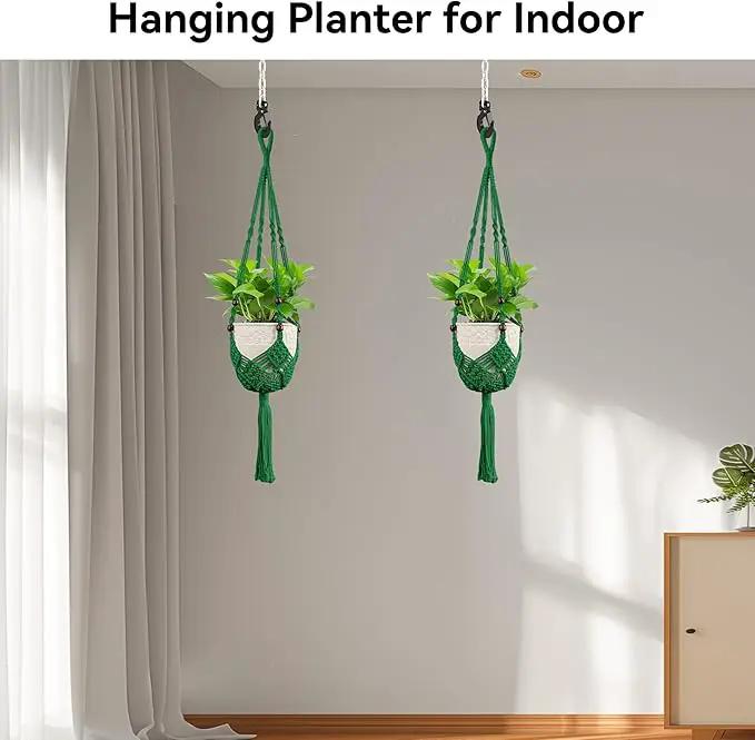 USLAI Macrame Handmade Basket Plant Hanger (2-Pack), for 3-8 Inch Pots, Indoor Outdoor Strong Hanging Planter Flower Pot Holder with Beads and Tassels, Boho Home Decor (POTS NOT Included) (Green) by GreenHaven Gardens