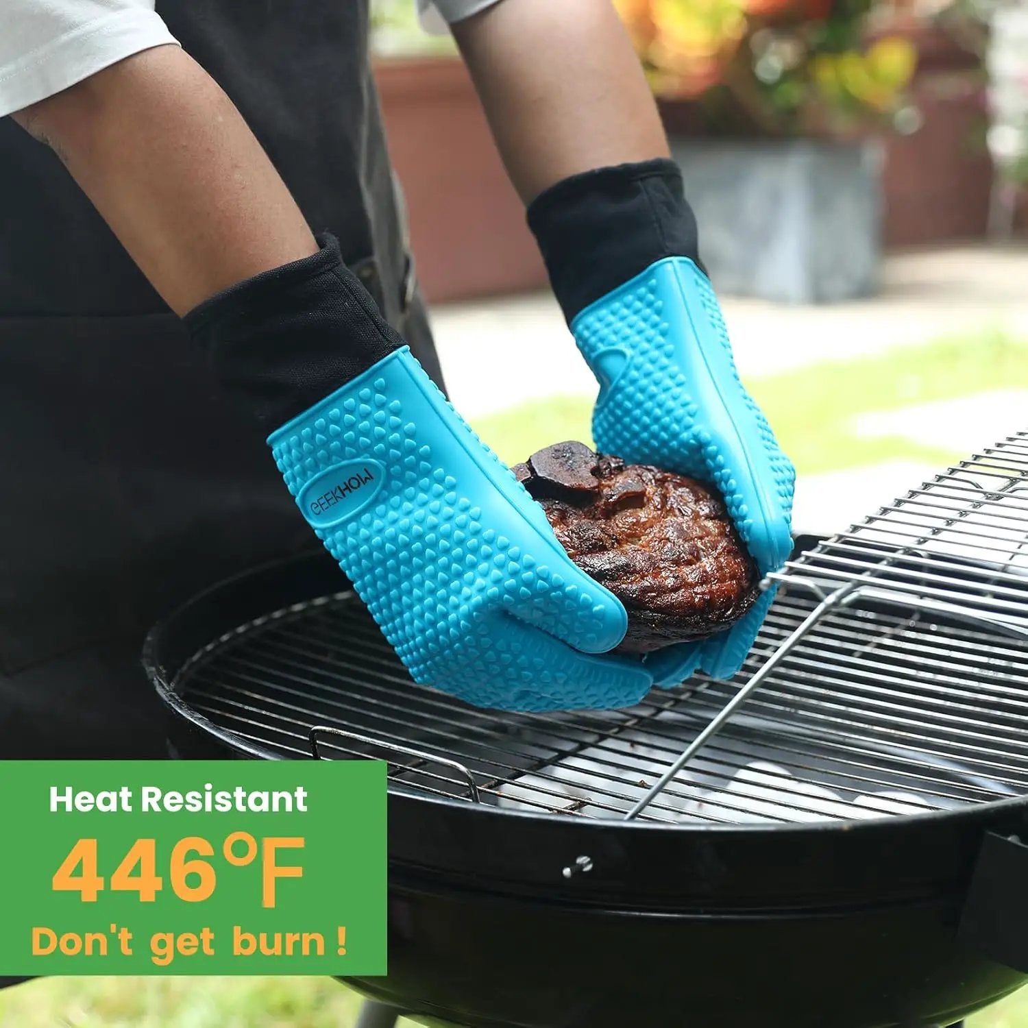 GEEKHOM BBQ Gloves Heat Resistant Oven Mitts - Silicone Grilling Gloves with 13.7" Arm Protection - Waterproof Pot Holder Non-Slip for Men & Women, Kitchen Outdoor Cooking, Baking, Camping, Blue by GreenHaven Gardens