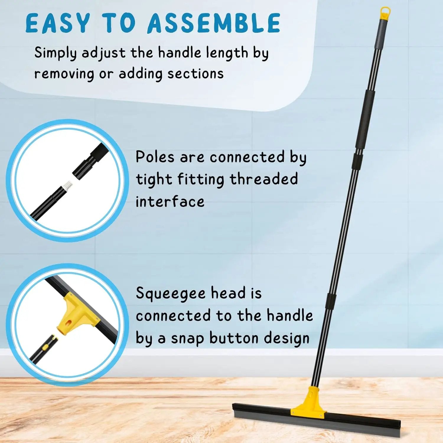 Floor Squeegee for Concrete and Tile Cleaning, 24'' Rubber Wiper Broom, Large Heavy Duty Water Scraper with 60'' Long Handle for Garage, Deck, Bathroom, Shower Glass, Window by GreenHaven Gardens