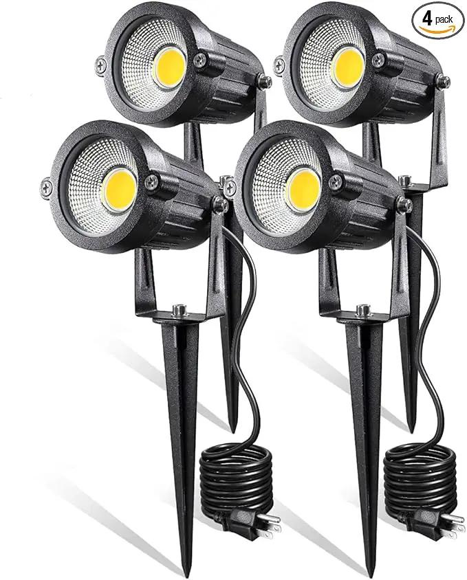 LED Landscape Lights,5W 120V AC Outdoor Pathway Garden Yard Spotlight,IP65 Waterproof Garden Flood Light,Outdoor Spotlight with Stake,UL Cord 5-ft with Plug (Pack of 4, Warm White) by GreenHaven Gardens