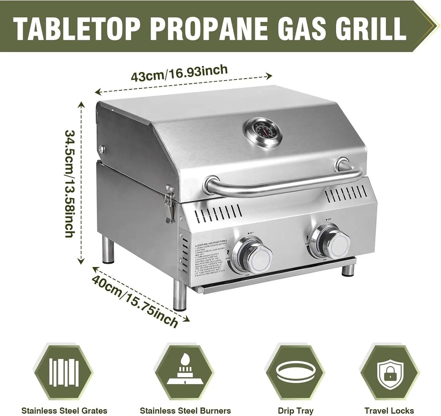 Bestfire Tabletop Gas Grill 2 Burners, 20,000 BTUs Stainless Steel Portable Propane Grill with Legs for Outdoor Patio Backyard Camping, Tailgating, and RV Trips by GreenHaven Gardens