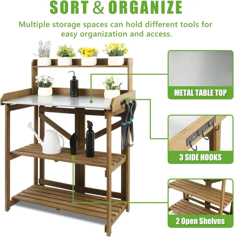 Folding Garden Potting Bench Table，Outdoor Wooden Work Station W/Metal Table Top,2 Tier Open Storage Rack,Top Shelf-Natural Stained by GreenHaven Gardens