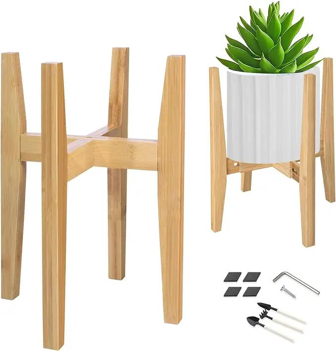 OERGKE Adjustable Plant Stand Indoor, Bamboo Mid Century Modern Plants Stands, Corner Flower Holder for Living Room, Fits 8 to 12 Inches Pots, (Pot & Plant Not Included)(Nature, 1 Pack) by GreenHaven Gardens