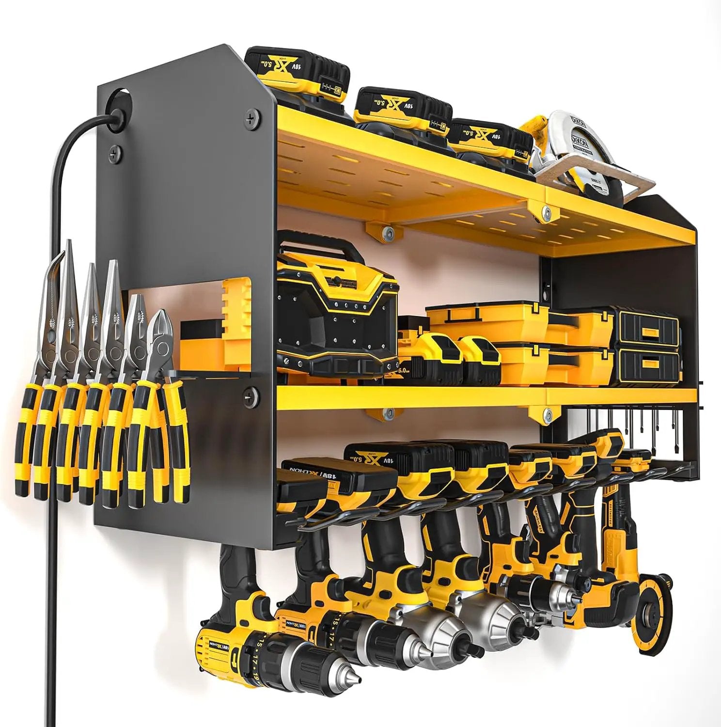 YYR Power Tool Organizer with Charging Station Wall Mount, Cordless Drill and Battery Holder for Garage Organization, Electric Tools Storage Rack Build in Surge Protection Power Strip - Yellow Shelf by GreenHaven Gardens