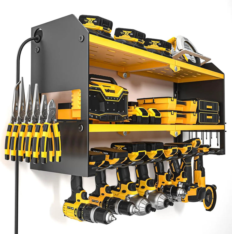 YYR Power Tool Organizer with Charging Station Wall Mount, Cordless Drill and Battery Holder for Garage Organization, Electric Tools Storage Rack Build in Surge Protection Power Strip - Yellow Shelf by GreenHaven Gardens