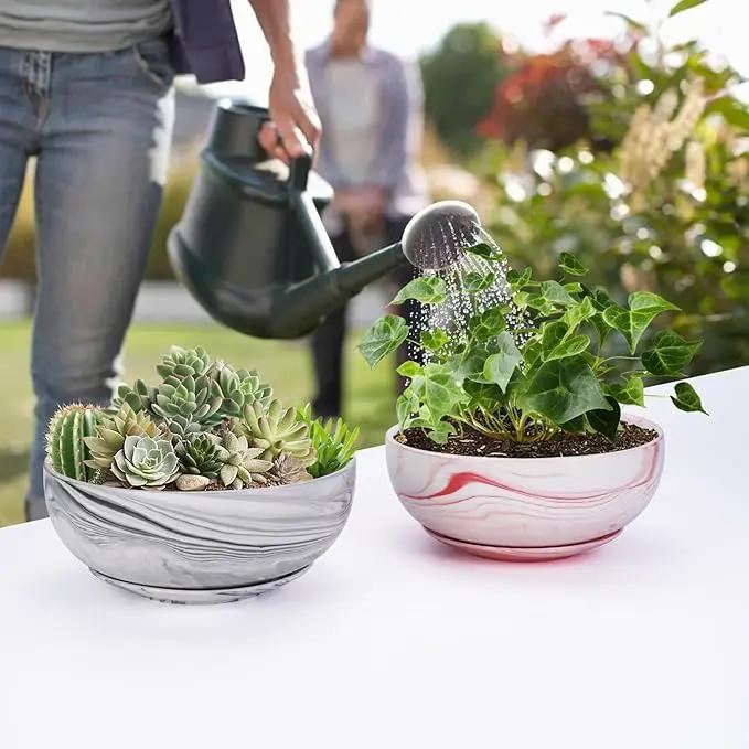 G EPGardening 8in Marble Pattern Large Round Succulent Planter Pot Modern Flower Pot Indoor and Outdoor Planter with Marble Tray by GreenHaven Gardens