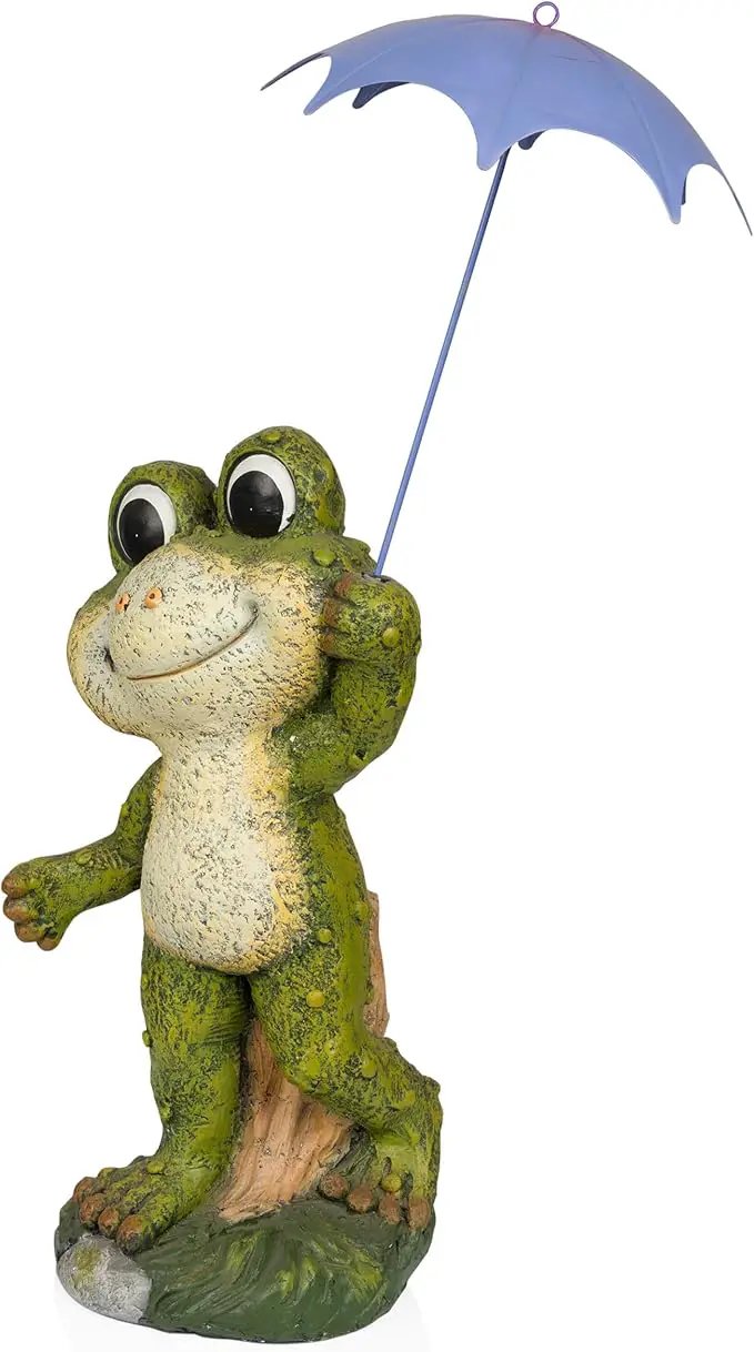 Alpine Corporation QWR1002 Indoor/Outdoor Smiling Frog with Purple Umbrella Garden Statue, Playful Frog Statue, 27" H, Green by GreenHaven Gardens