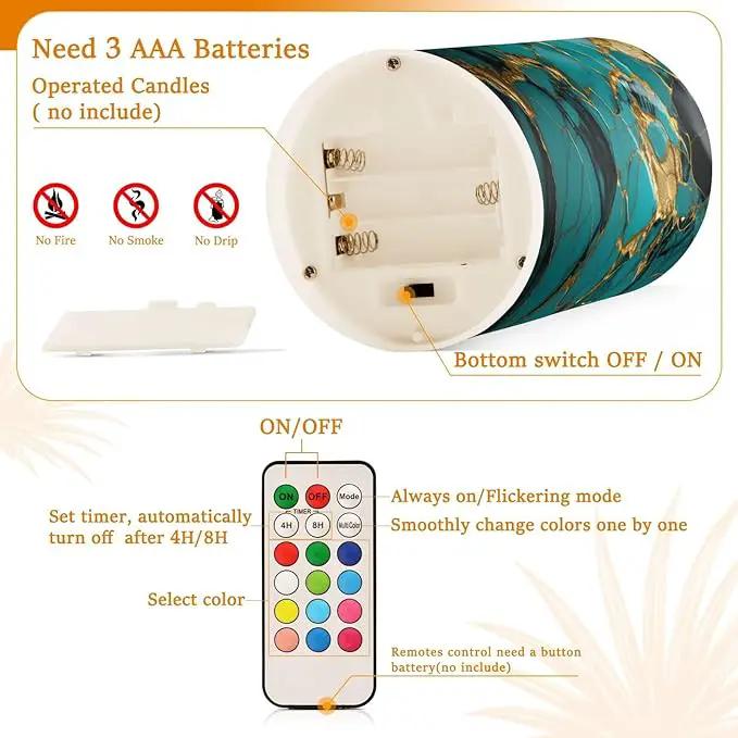 Flickering Flameless Candles, Turquoise Golden Marble LED Candles with Remote Timer, Set of 2 Battery Operated Candle for Valentine Wedding Birthday by GreenHaven Gardens