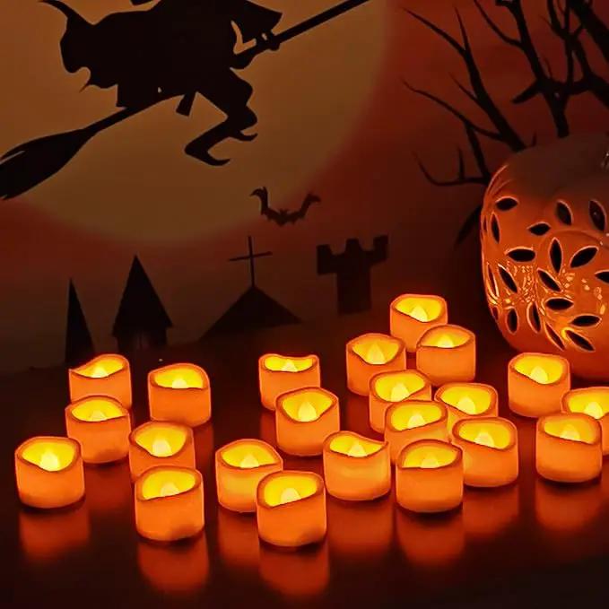 CANDLE CHOICE Battery Operated Flameless Tea Lights Orange Flickering LED Electric Fake Votive Tealight Candles Halloween Pumpkin Thanksgiving Christmas Decorations Centerpieces 24 Pack Batteries Incl by GreenHaven Gardens