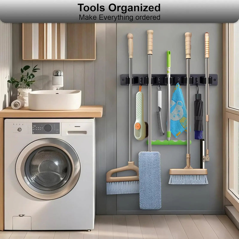 Broom Holder Wall Mount With 5 Slots & 4 Hooks，Rustic Wood Broom & Mop Hanger，Wall Mounted Garden & Garage Tool Storage Organizer Rack for Closet Laundry Room or Kitchen Wall Decor Black by GreenHaven Gardens