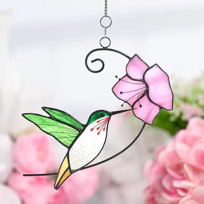 Lolitarcrafts Hummingbird with Flower Stained Glass Suncatcher Bird Stained Glass Window Hangings Hummingbird Gift for Home Decor (Green with Flower) by GreenHaven Gardens
