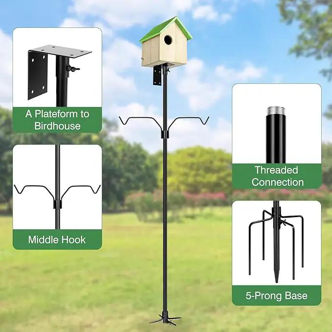 Bird House Pole, 95 Inch Heavy Duty Bird Feeder Pole Mount Kit for Outdoors, Adjustable Bird Feeding Stand, with 2-Hooks, 5-Prong Base for Birds Watching by GreenHaven Gardens