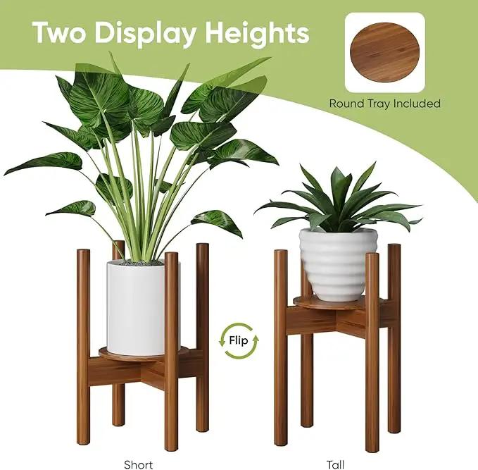 2 Pack Adjustable Plant Stand, Bamboo Plant Stand Indoor with Tray, Wood Plant Stand for 8 to 12 inches Flower Pots, Single Mid Century Modern Plant Stand for Indoor Plants, Walnut by GreenHaven Gardens
