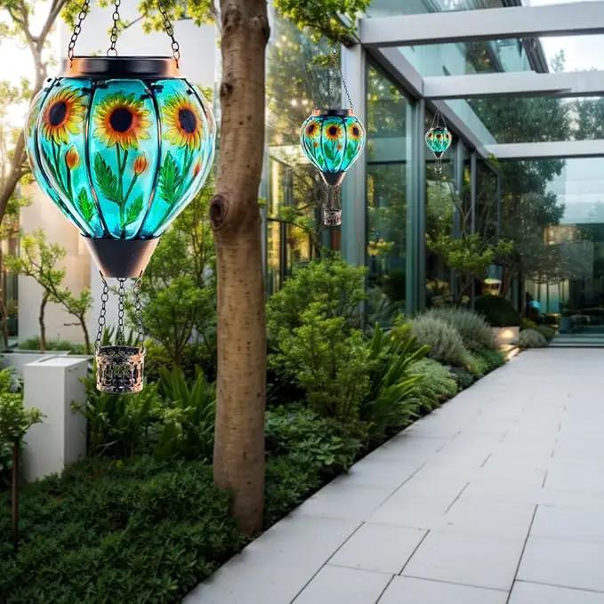 Starsoul 2 PC Sunflowers Hot Air Balloon Solar Lantern with Flame Glass Hanging Outdoor Hot Air Balloon Solar Light Waterproof Garden Patio Yard Party Decorations by GreenHaven Gardens