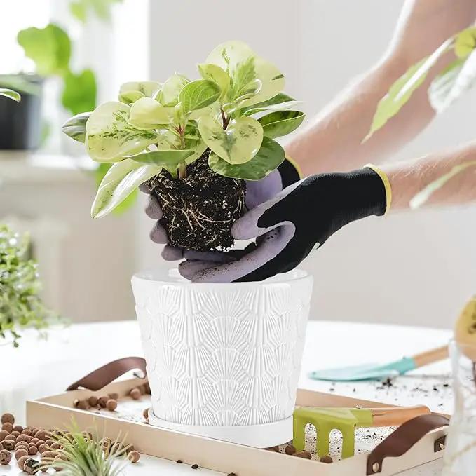 EFISPSS Ceramic Plant Pots, 5+6 Inch Pots for Indoor Plants, Planters with Drainage Holes and Tray, Modern Flower Pots Gardening Home Desktop Office Windowsill Decoration Gift Set of 2 - White by GreenHaven Gardens