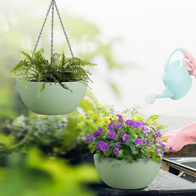 13 inch Large Hanging Planters Plant Pots for Outdoor Indoor Plants with Drainage Holes and Chain, 2 Pack Round Hanging Flower Pots for Garden Home Porch Decor, Green by GreenHaven Gardens