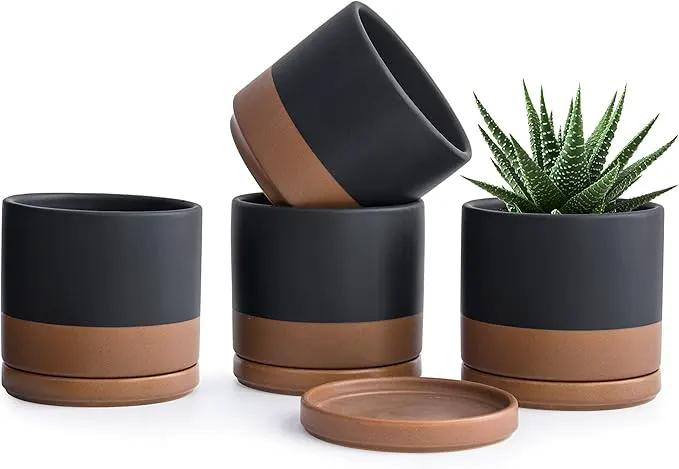 D'vine Dev Set of 4 Small Ceramic Plant Pots, 4.6 Inch Succulent Planter Pot for Plants with Drainage Hole and Saucer, Black/Speckled Tan, 94-X-B-7 by GreenHaven Gardens