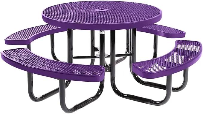 Heavy-Duty Portable Outdoor Picnic Table with Umbrella Hole, Expanded Metal Commercial-Grade Patio Dining Furniture Made in America (46" Round Top, Purple) by GreenHaven Gardens