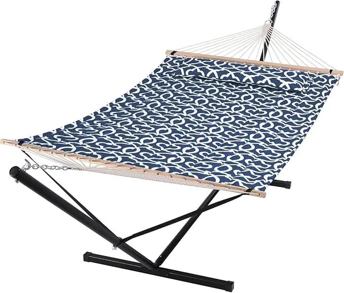 SUNCREAT Two Person Hammock with Stand, 475 lbs Capacity, Portable Patio Hammock with Hardwood Spreader Bar, Large Soft Pillow, Blue Pattern by GreenHaven Gardens