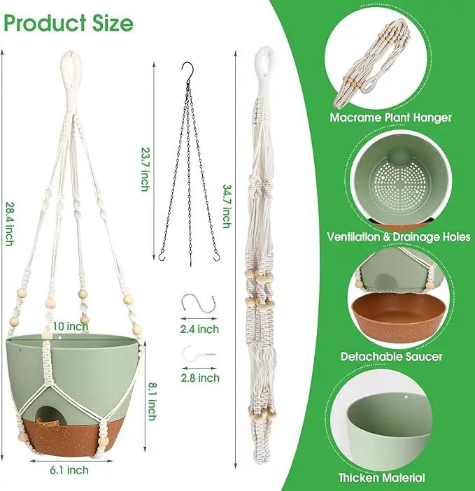 Hanging Planters for Indoor Outdoor Plants, 2 Pack Self Watering Hanging Pot with Drainage Holes, Removable Tray & 2 Kinds of Plant Hangers, 10'' Hanging Flower Pots for Home Garden Decor, Green by GreenHaven Gardens