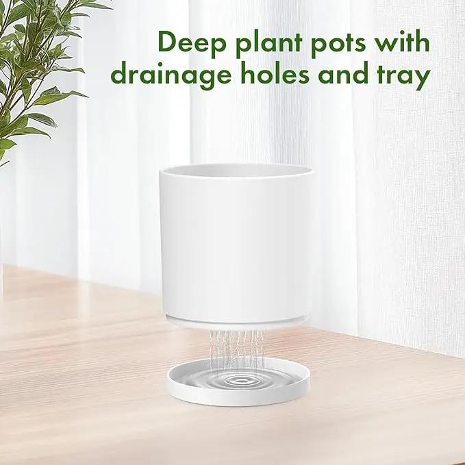 12/10/8 inch Large Plant Pots, 3 Pack Deep Cylinder Flower Pots for Outdoor Indoor Plants, Tall Plastic Planters with Drainage Holes and Saucers for Garden House Plants, White by GreenHaven Gardens