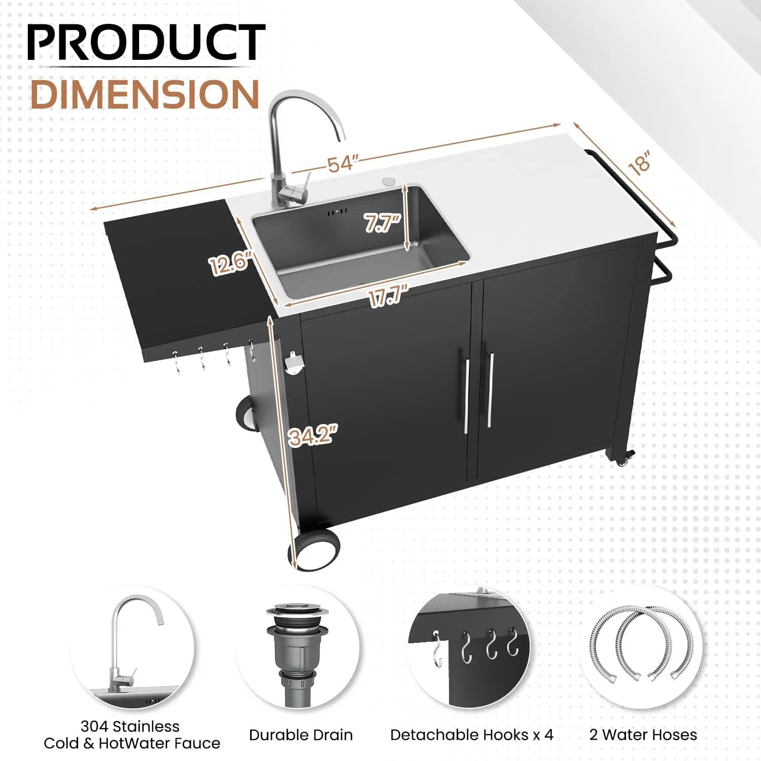 Outdoor Kitchen Sink with Hose Hook up, Stainless Steel Worktable Kitchen Cabinet Island, Grill Prep Table Work Station, Grill Cart for Garden, Backyard and Lawn by GreenHaven Gardens