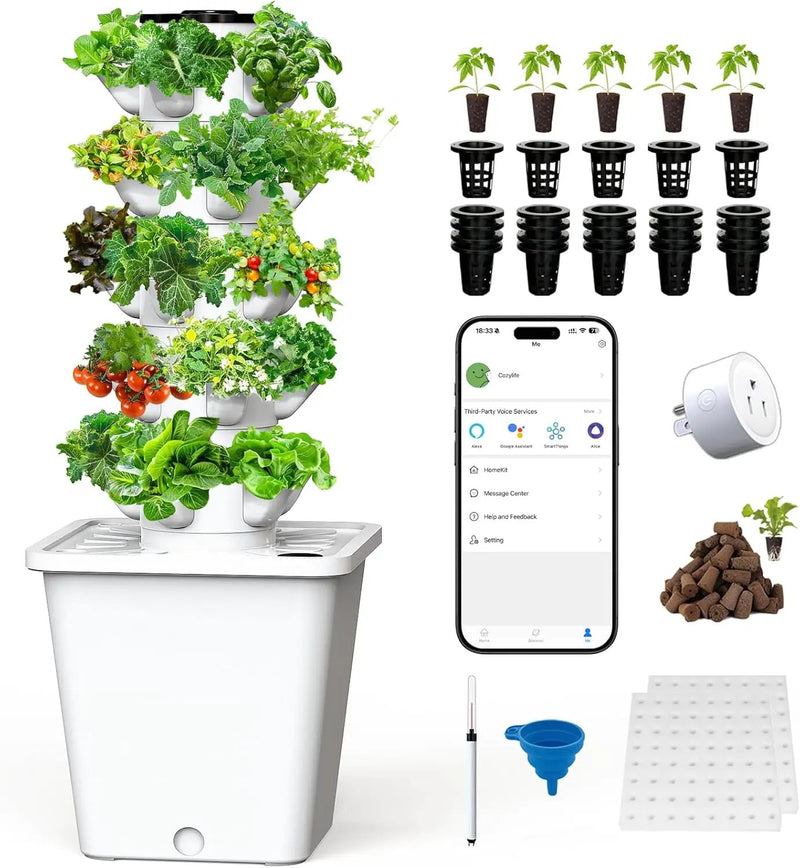 SJZX Hydroponics Growing System Kit, 12L Large Capacity Hydroponic Tower, 5 Tiers Indoor Outdoor Gardening System for Beginner with Water Pump & APP Auto Timer, Vertical Garden Planter Kits (25 Pods) by GreenHaven Gardens