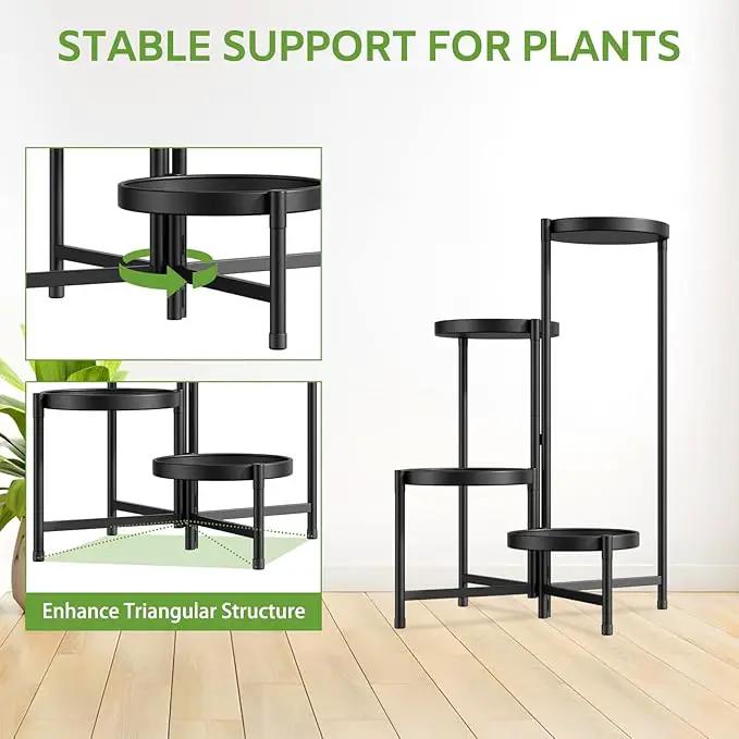 iDavosic.ly 4 Tier Large Plant Stand Indoor with 10 Inch Wide Tray, Tiered Corner Metal Outdoor Flower Display Holder Shelf, Folding Tall Rack for Patio Porch Living Room, Modern Black by GreenHaven Gardens