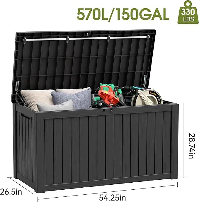 NUNU LAB 150 Gallon Outdoor Storage Box,Resin Large Sturdy Deck Box, Backyard Outside Storage Box Waterproof with Double Wall Panels,Package Delivery Garden Outdoor Hose Storage Bin by GreenHaven Gardens